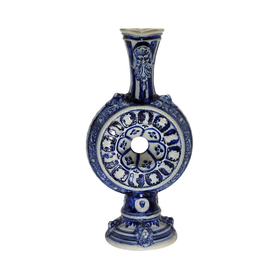 Reinhold Hanke #109, German Wine Pitcher, Ewer with Lions and Grotesque: 14.0" Tall by 7.5" Wide stoneware blue salt glaze in relief with lions, crests and faces with handle and applied base foot, circa 1880's