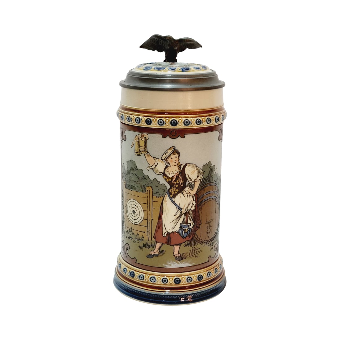 Mettlach #2235, German Beer Stein, Sch?tzenliesel: 1/2 Liter pottery etched with pottery etched inlay lid, circa 1899