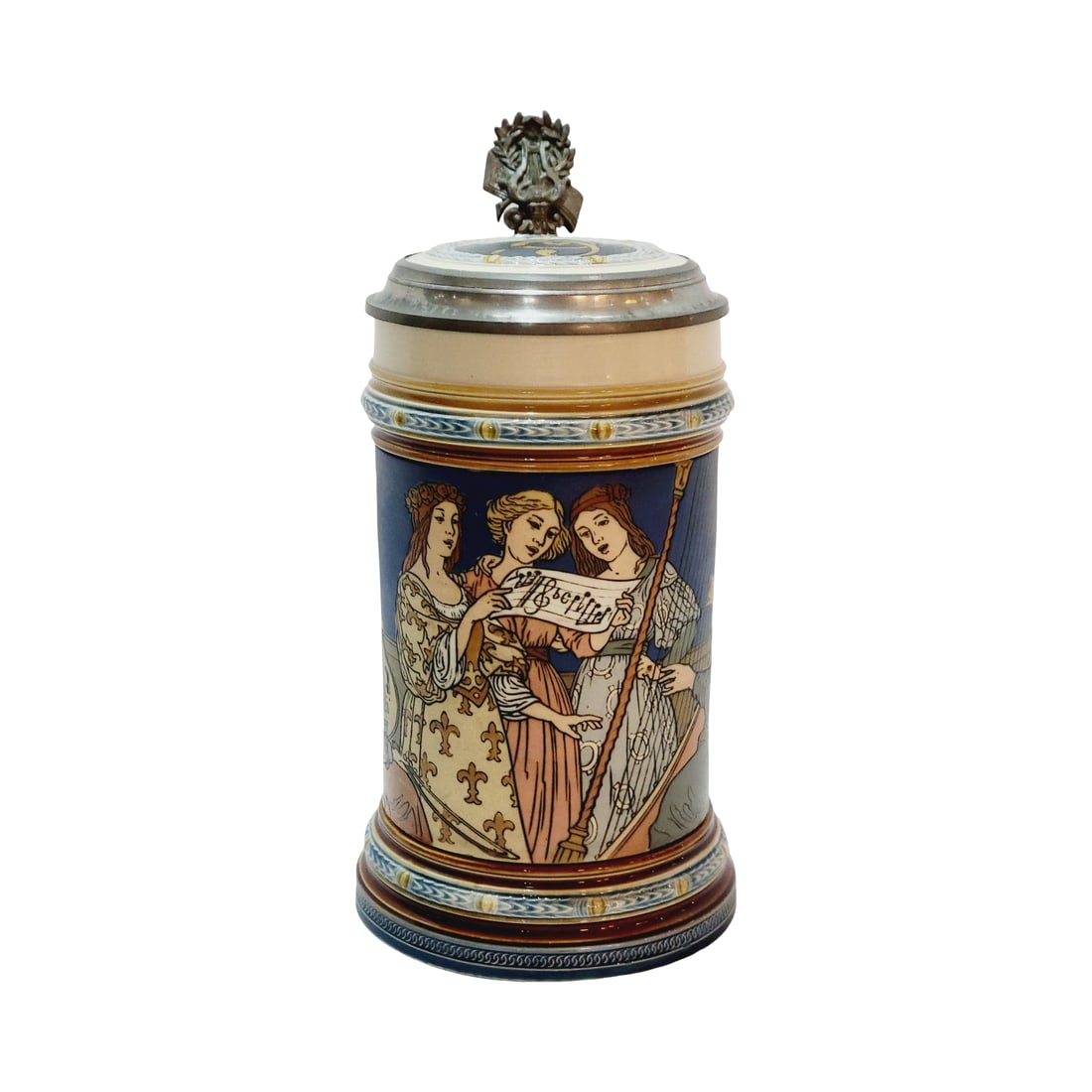 Mettlach #2581, German Beer Stein, Song and Music: 1/2 Liter pottery etched with pottery etched inlay lid, signed by Fritz Quidenus, circa 1900