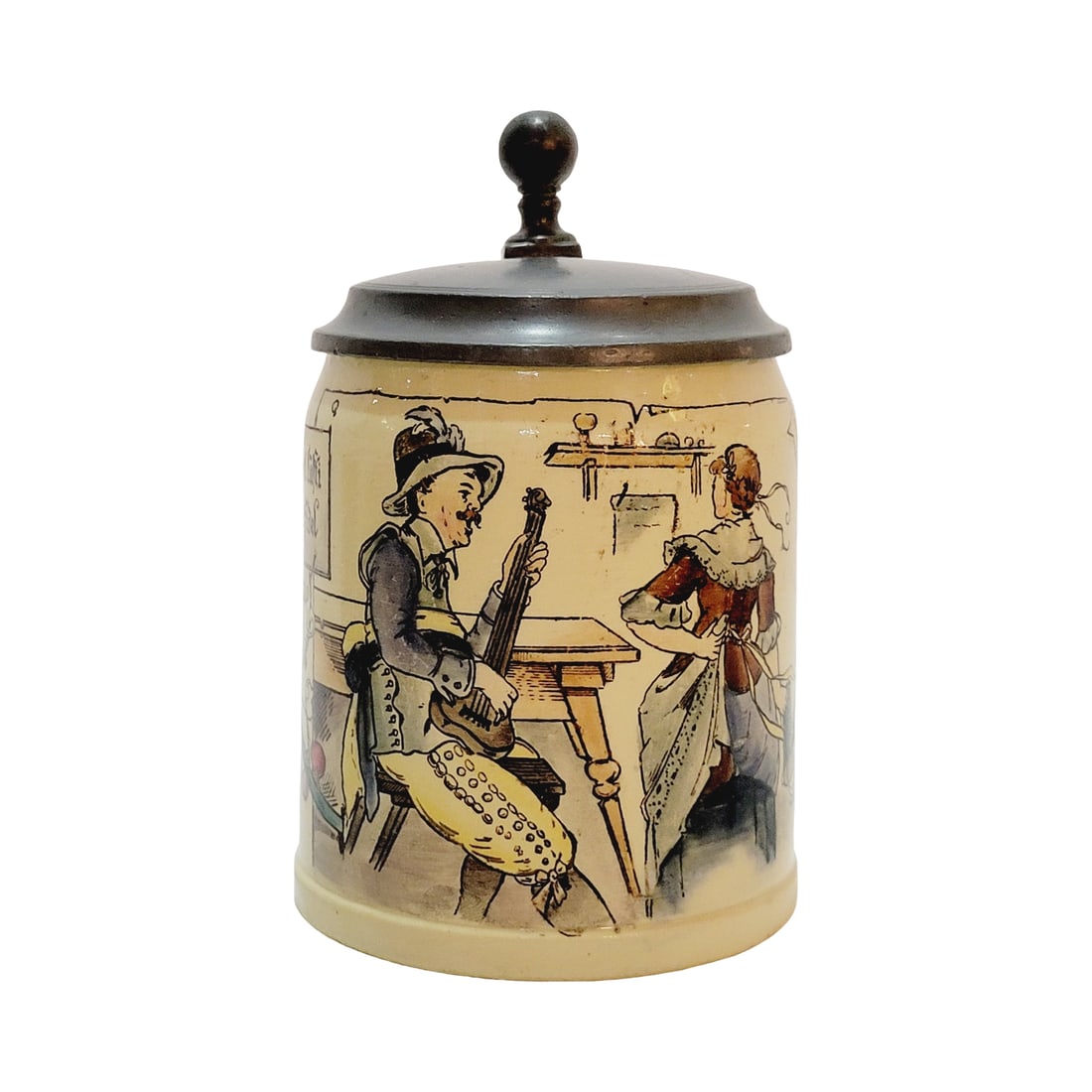 Mettlach #1526/590, German Beer Stein, Tavern Life: 1/2 Liter pottery print under glaze with pewter lid, Text - I am always happy, and always merry. I like to drink, I like to wrestle, and I like to make a racket, circa 1890