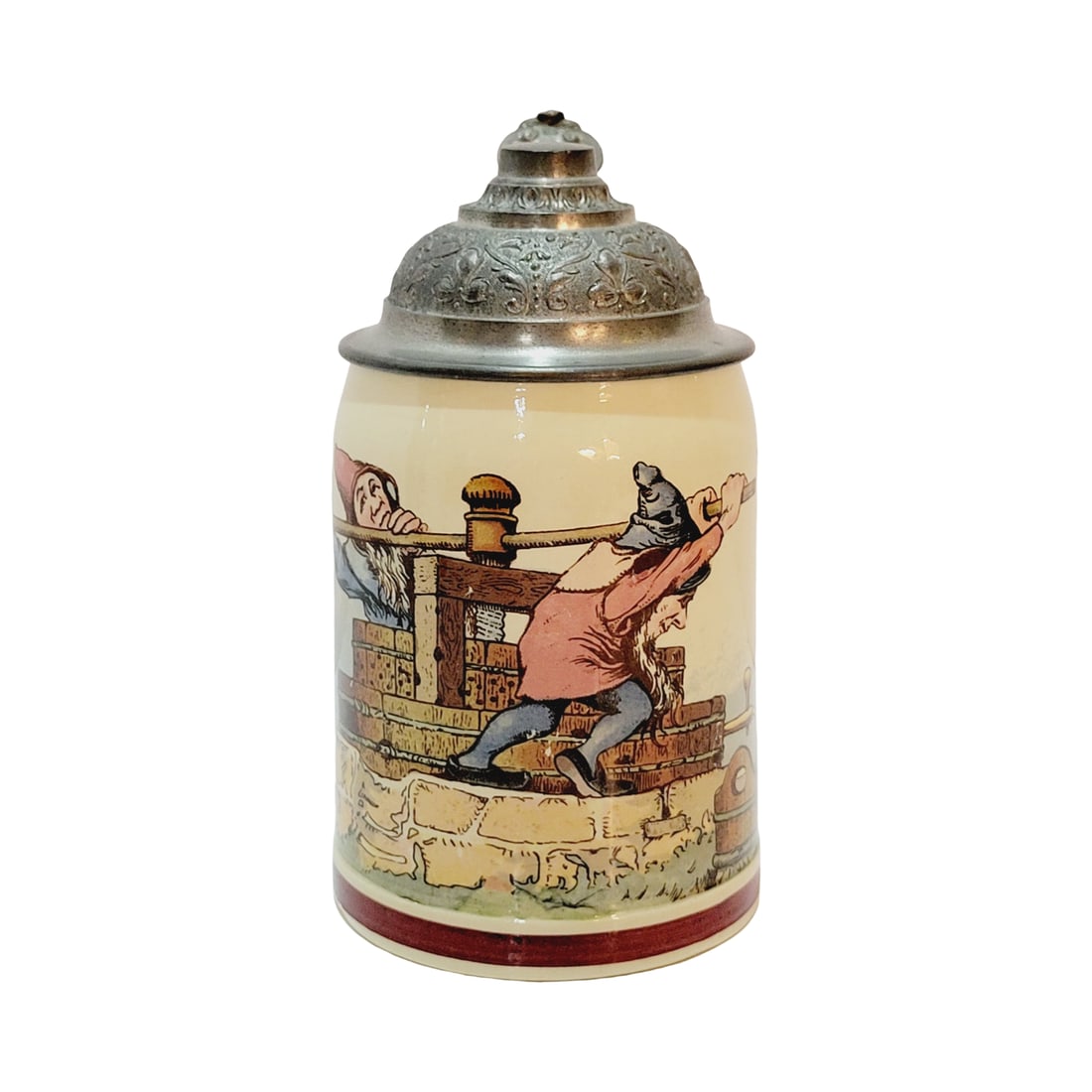 Mettlach #1909/1009, German Beer Stein, Gnomes Pressing Wine: 1/2 Liter pottery print under glaze with pewter lid, circa 1899