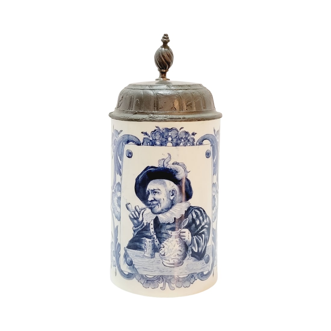 Mettlach #5005/5188, German Beer Stein, Dutch Drinker: 1/2 Liter pottery delft print under glaze with pewter lid, circa 1896