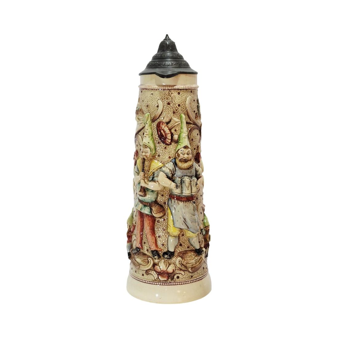 Adolf Diesinger #810, German Beer Stein, Gnomes: 2.0 Liter pottery in raised relief full color with pewter lid, Text - In happiness and sorrow, drink all the time. Happy and free is the drinker, circa 1901