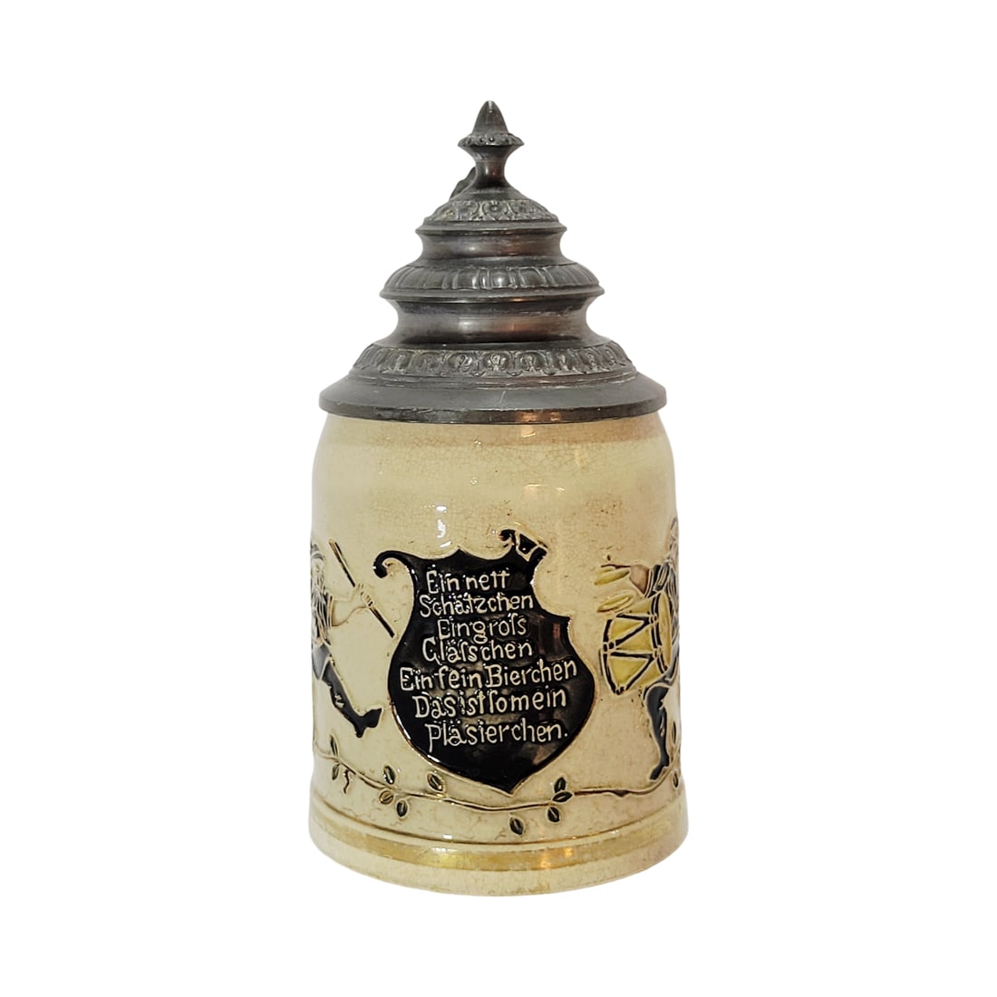 Adolf Diesinger #T152, German Beer Stein, Musical Gnomes: 0.3 Liter pottery in relief with pewter lid, Text - large glass, a fine beer, those are my pleasures, circa 1904