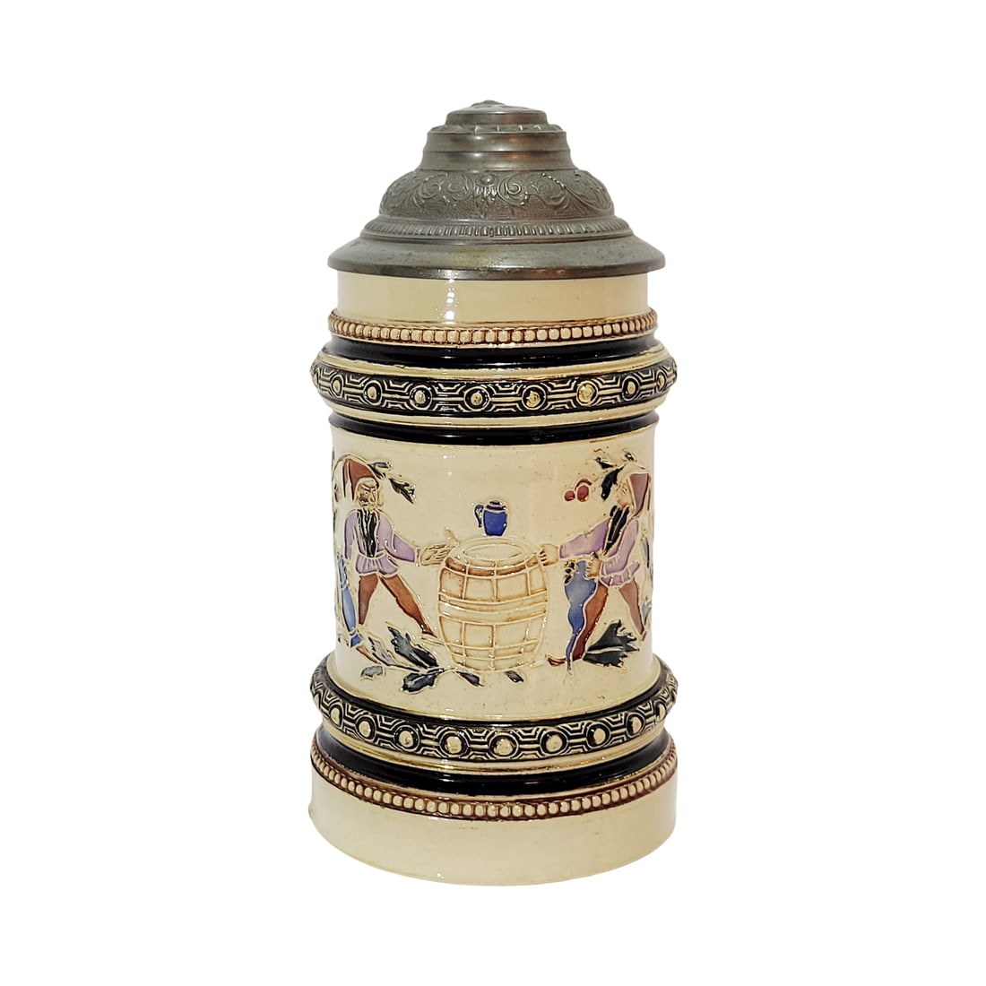 Adolf Diesinger Stein, German Beer Stein, Gnomes Tapping the Barrel: 1/2 Liter pottery in relief with nice pewter lid, circa 1900's