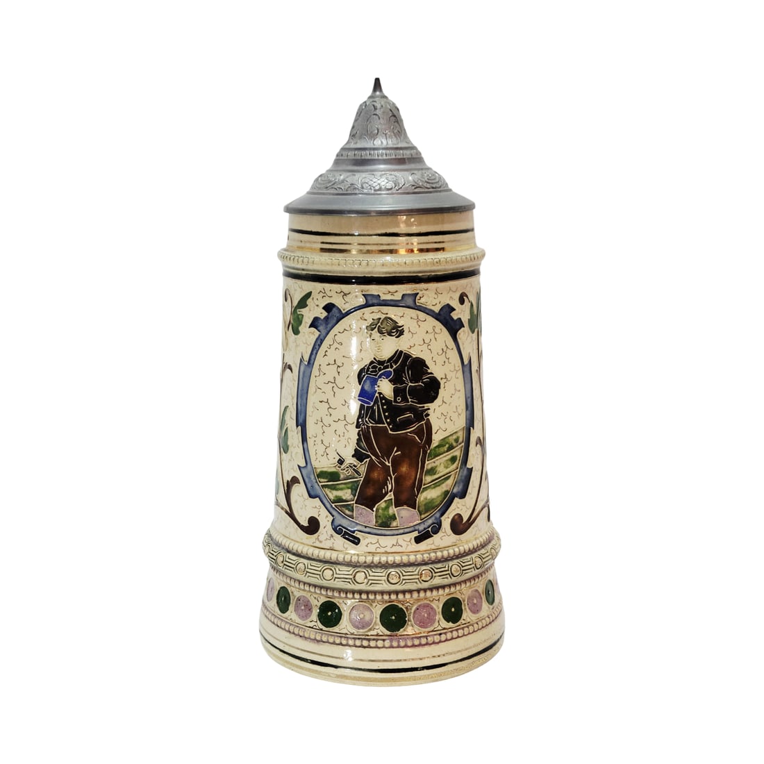 Adolf Diesinger #1192, German Beer Stein, Man with Stein: 1/2 Liter pottery in relief with pewter lid, circa 1901