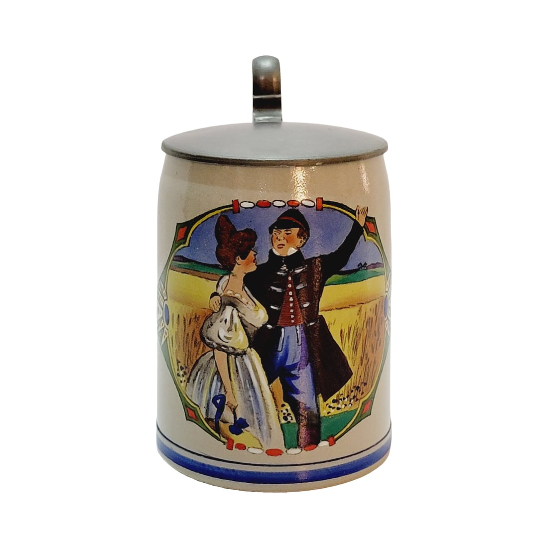 Marzi & Remy Stein, German Beer Stein, Farewell: 1/2 Liter stoneware salt glaze embellished print over glaze with pewter lid, Text - A boy went out, circa early 1900's