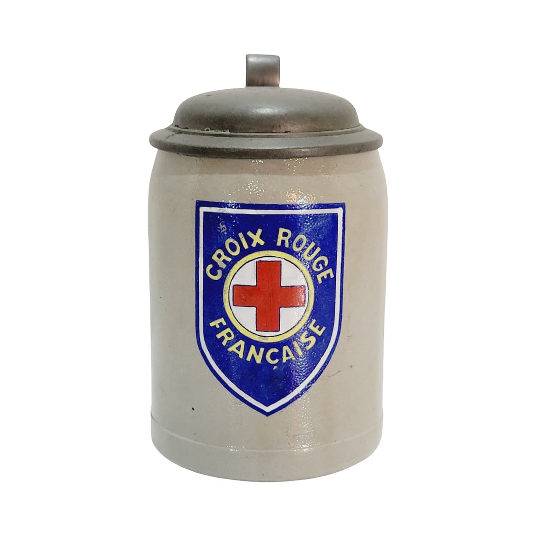 Wick-Werke Stein, German Beer Stein, French Military Red Cross Stein: 0.5 Liter stoneware embellished over salt glaze with pewter lid, uncommon, circa 1930's