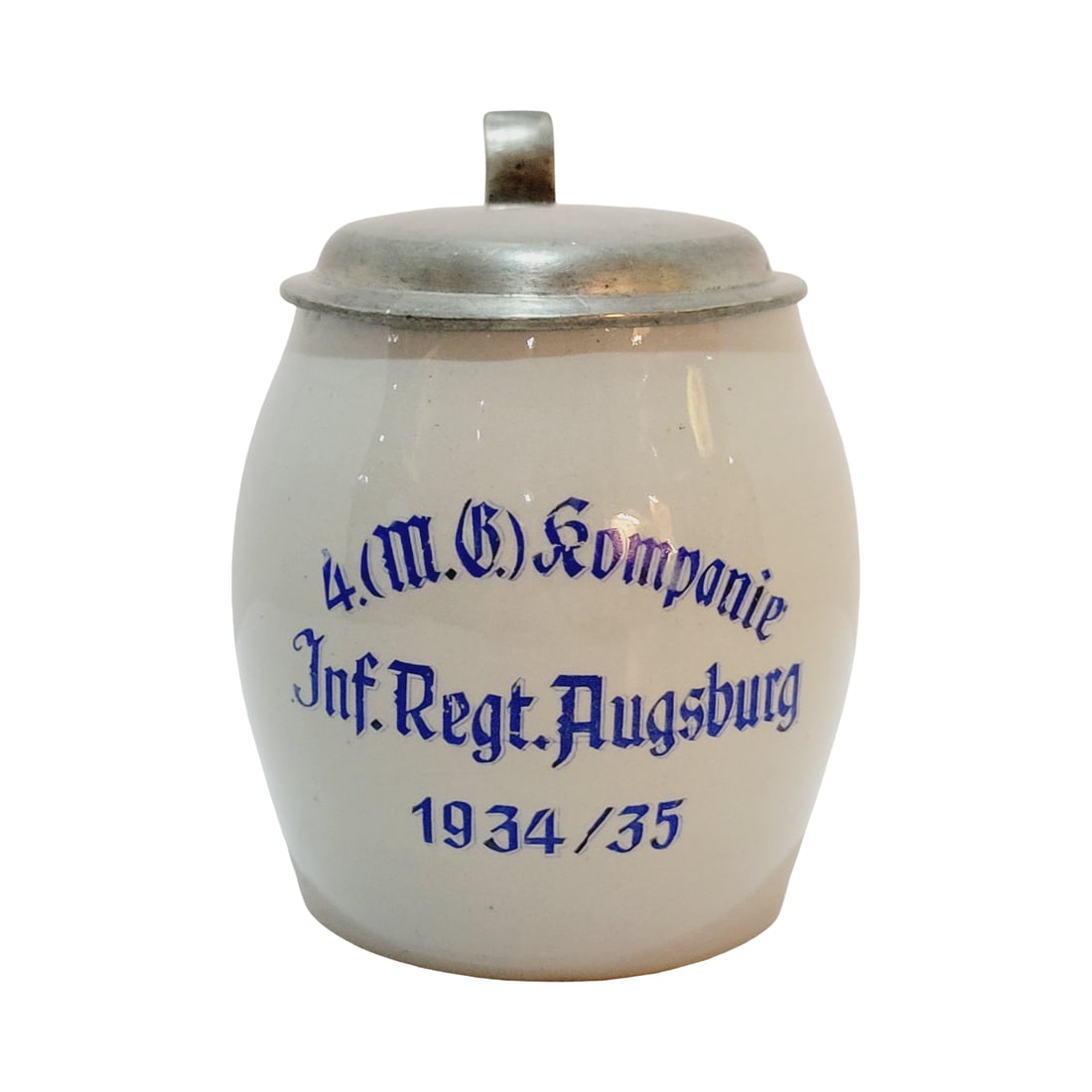 Regimental Stein, German Beer Stein, 4. M. B. Kompanie Inf.Regt.Augsburg 1934-1935: 1/2 Liter stoneware transfer over salt glaze with pewter lid, circa 1935