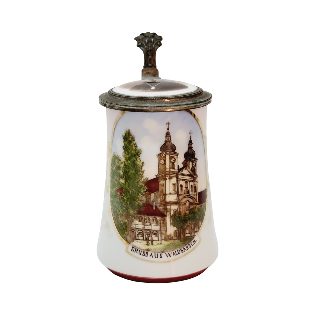 Porcelain Stein, German Beer Stein, Greetings from Waldsassen: 1/2 Liter embellished transfer under glaze with porcelain photo of a woman inlay lid, circa 1890's
