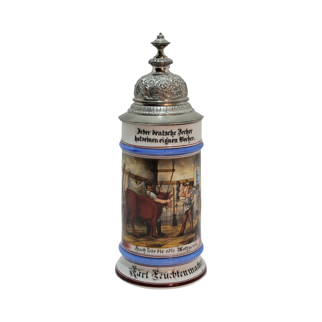 Porcelain Occupational Stein, German Beer Stein, Butcher Occupational Stein: 1/2 Liter porcelain embellished hand painted transfer with engraved pewter lid and lithophane, Text - Long live the noble craft of the butcher, circa early 1900