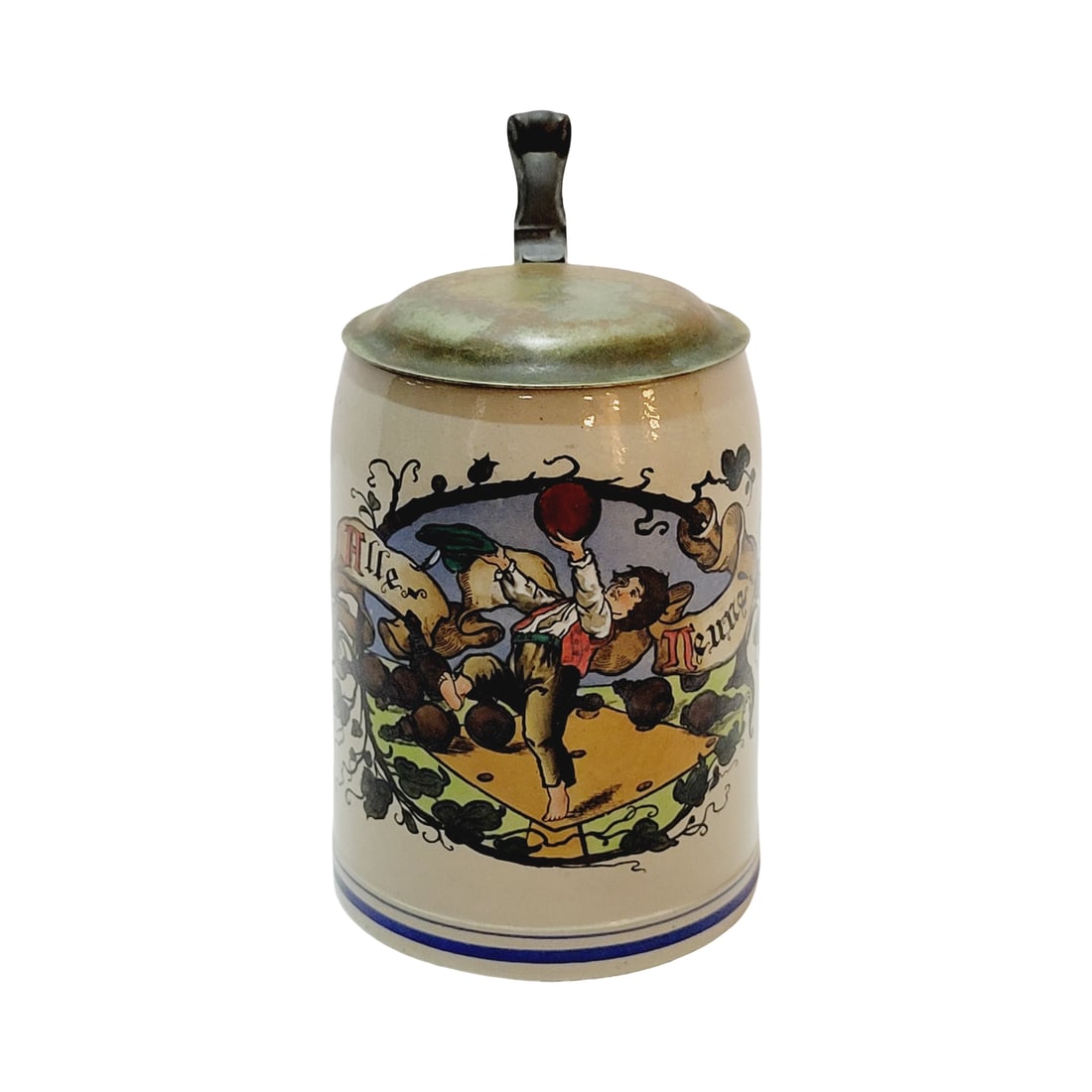 Marzi & Remy Stein, German Beer Stein, Bowling Stein: 1/2 Liter stoneware salt glaze embellished over glaze with pewter lid, Text - All nine, circa early 1900's