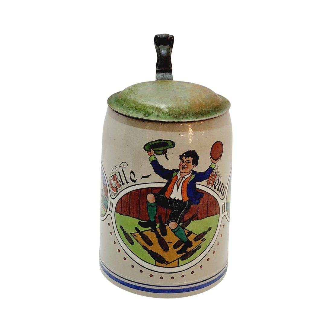 Marzi & Remy Stein, German Beer Stein, Bowling Stein: 1/2 Liter stoneware salt glaze embellished over glaze with pewter lid, Text - All nine, circa early 1900's