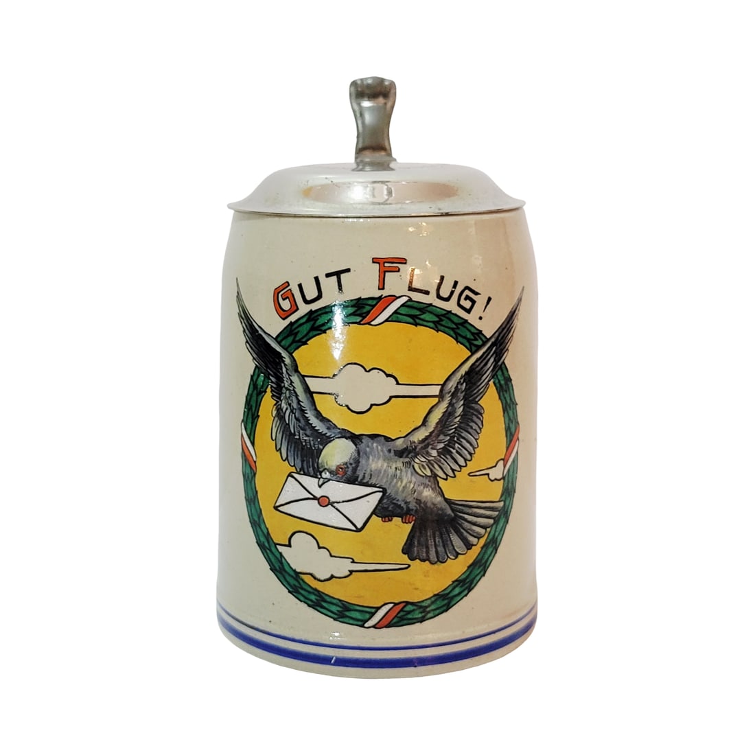 Marzi & Remy Stein, German Beer Stein, Air Mail Stein: 1/2 Liter stoneware embellished under glaze with engraved pewter lid, Text - Have a good flight, circa 1920's