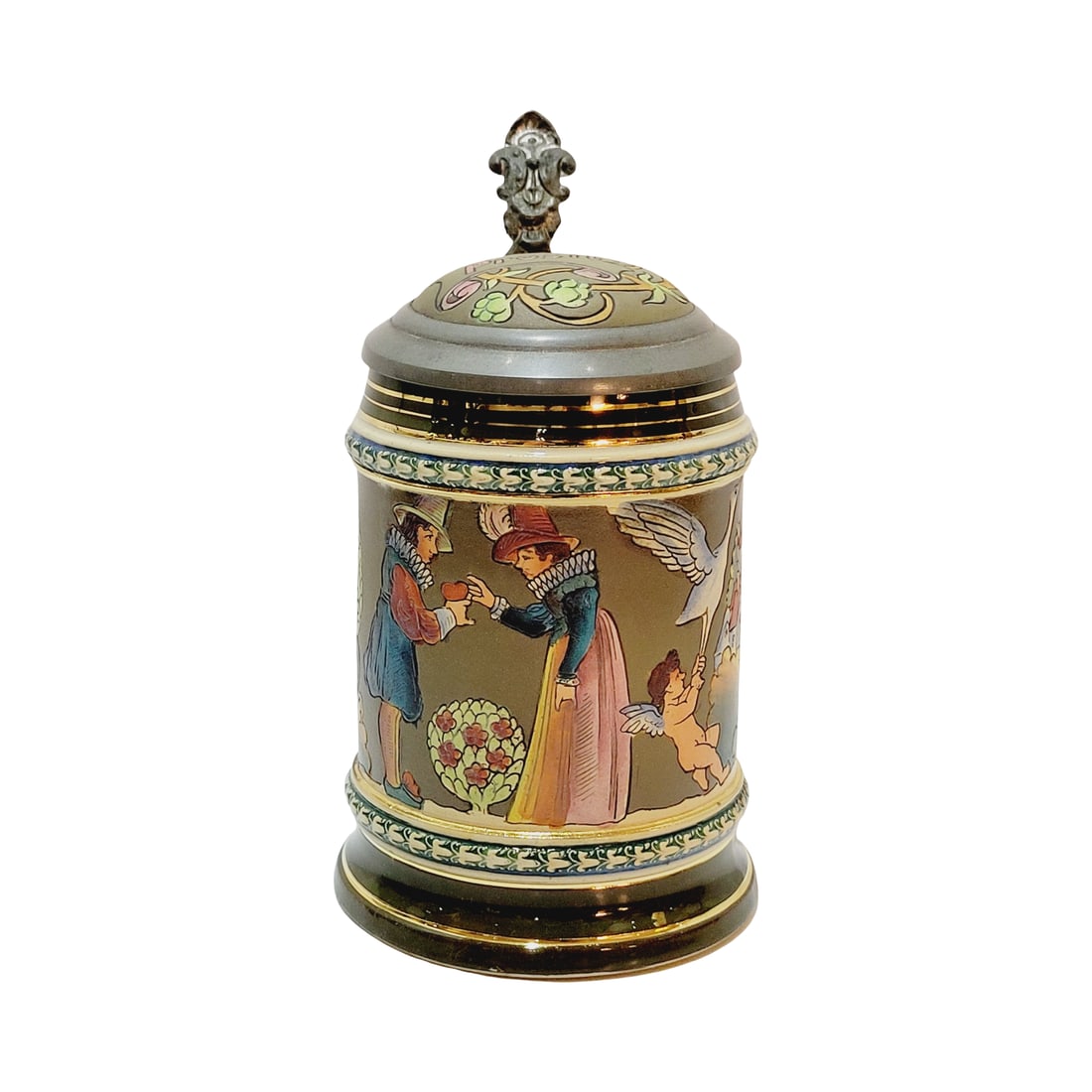 Simon Peter Gerz #1324, German Beer Stein, Courting Couple: 0.4 Liter pottery etched full color with pottery etched inlay lid, circa early 1900