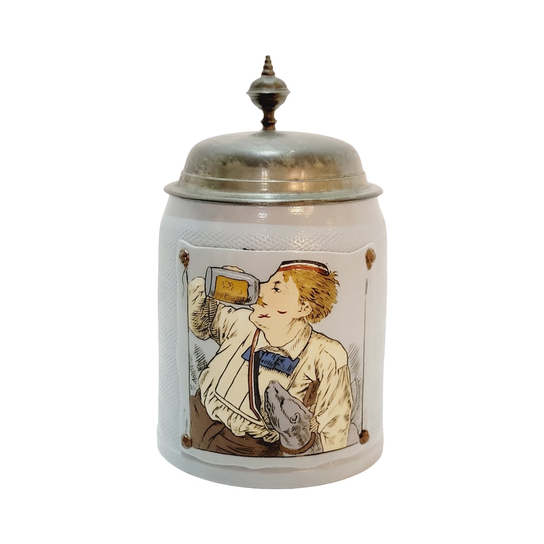 Villeroy & Boch Mettlach #1643, German Beer Stein, Student: 1/2 Liter stoneware etched tapestry with pewter lid, signed by Christian Warth, circa 1897
