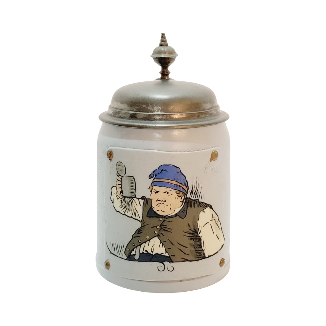 Villeroy & Boch Mettlach #1647, German Beer Stein, Farmer: 1/2 Liter stoneware etched tapestry with pewter lid, circa 1898