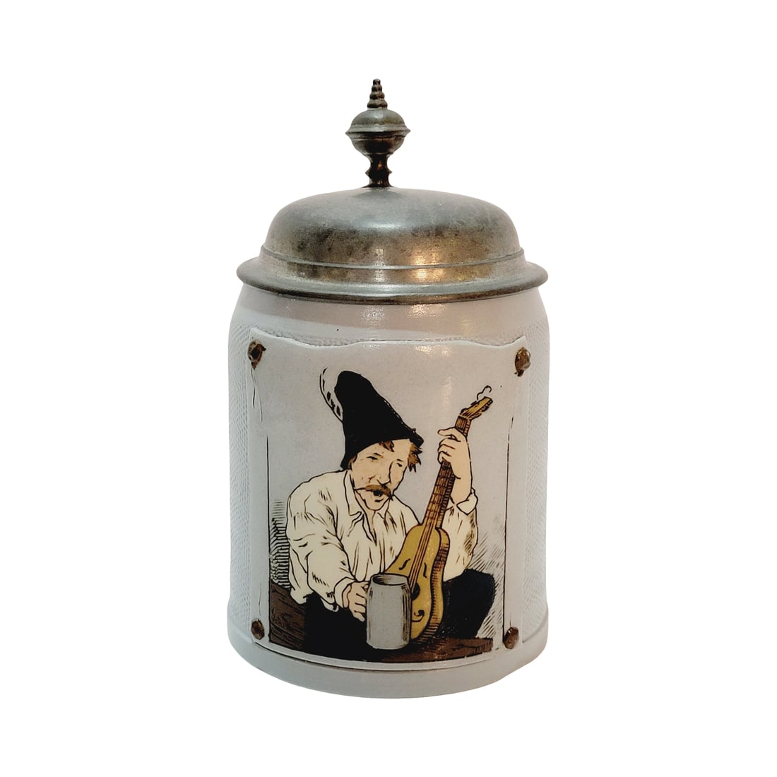 Villeroy & Boch Mettlach #1645, German Beer Stein, Guitar Player: 1/2 Liter stoneware etched tapestry with pewter lid, signed by Christian Warth, circa 1904