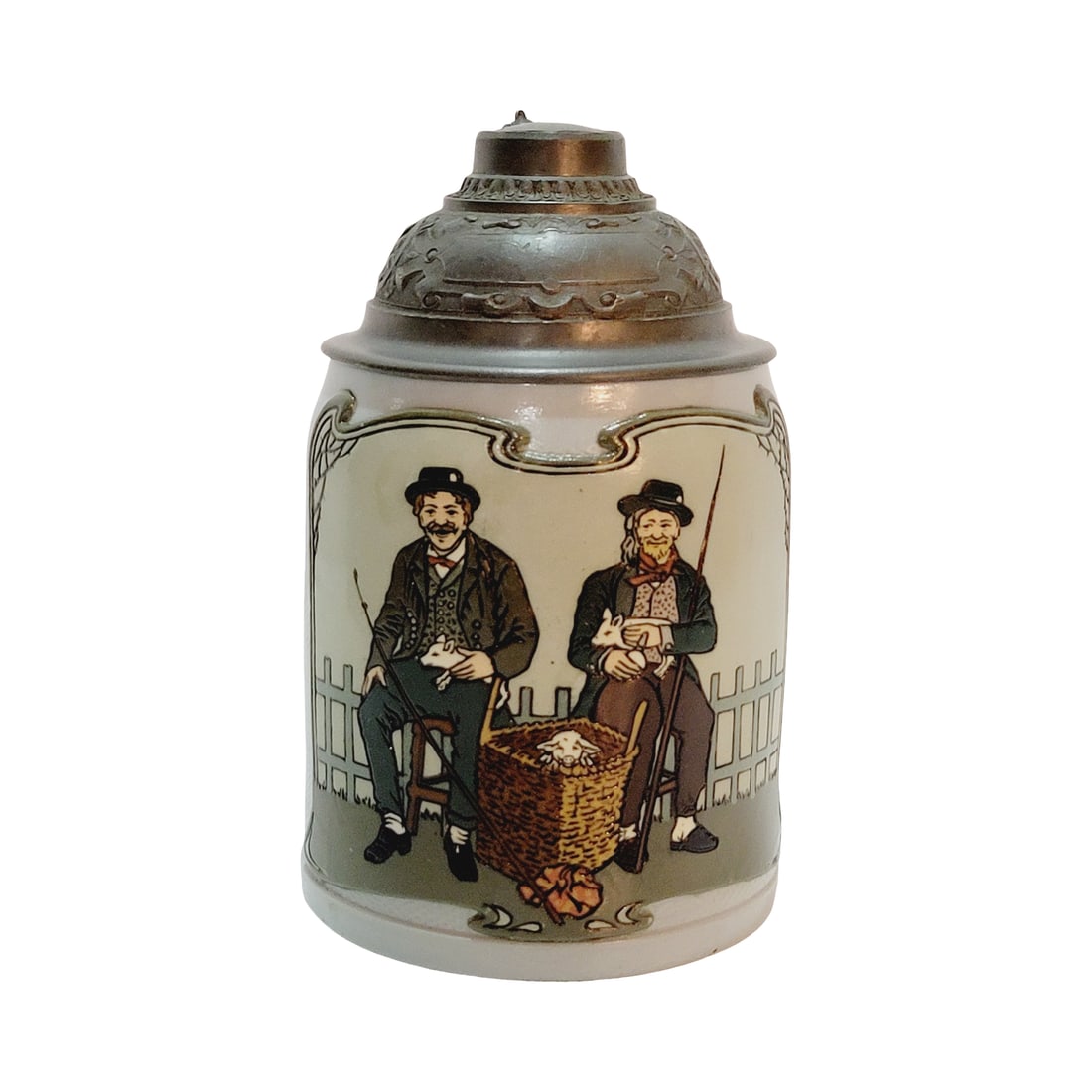 Villeroy & Boch Mettlach #2967, German Beer Stein, Farmers with Piglets: 1/2 Liter stoneware etched tapestry with pewter lid, Text - A happy mind is the best, if you already have it, hold on to it, circa 1904