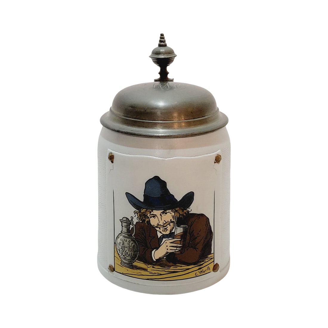 Villeroy & Boch Mettlach #1642, German Beer Stein, The Artist: 1/2 Liter stoneware etched tapestry with pewter lid, signed by Christian Warth, circa 1896