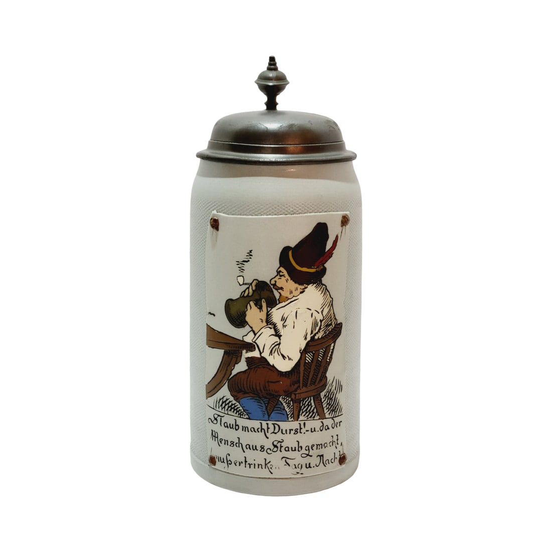 Villeroy & Boch Mettlach #1646, Berman Beer Stein, Mountain Dweller: 1.0 Liter stoneware etched tapestry with pewter lid, circa 1907