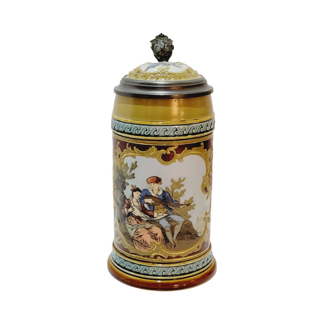 Villeroy & Boch Mettlach #1946, German Beer Stein, Courting Couple: 1/2 Liter pottery etched with pottery etched inlay lid, circa 1896