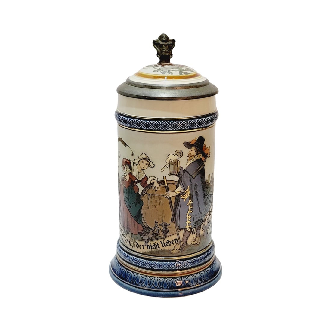 Villeroy & Boch Mettlach #2230, German Beer Stein, Dutch Councilman and Barmaid: 1/2 Liter pottery etched with pottery etched inlay lid, Text - A man only appears to be one, if he cannot love or drink, circa 1896