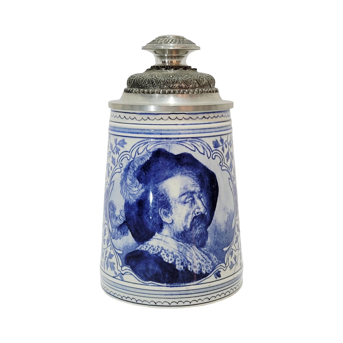 Royal Bonn Delft, German Beer Stein, Gentleman with Feather Hat: 1/2 Liter porcelain hand painted with very nice pewter lid, circa 1890's