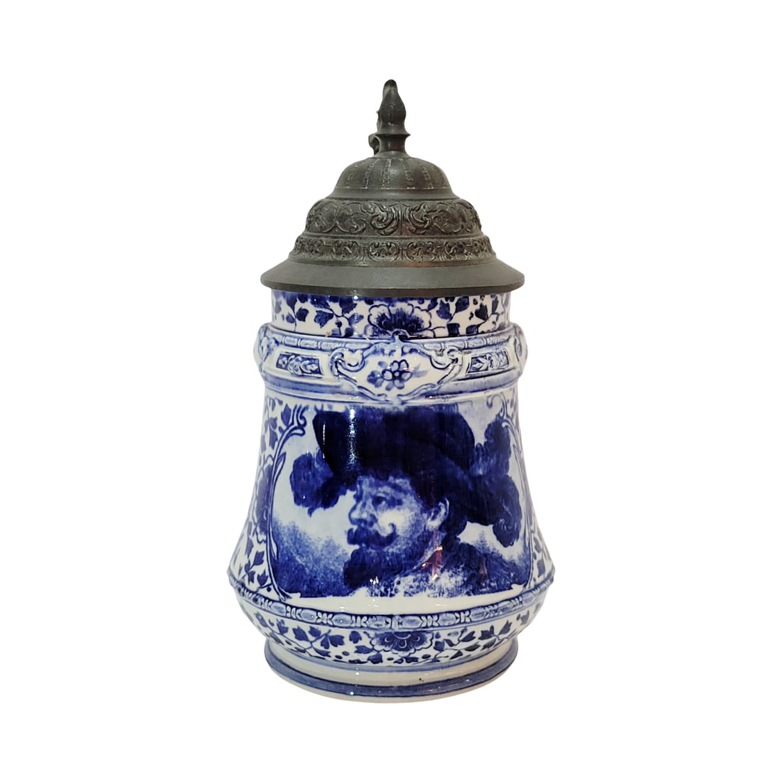 Royal Bonn Delft, German Beer Stein, Gentleman with Feather Hat: 1/2 Liter porcelain hand painted with pewter lid, circa 1890's