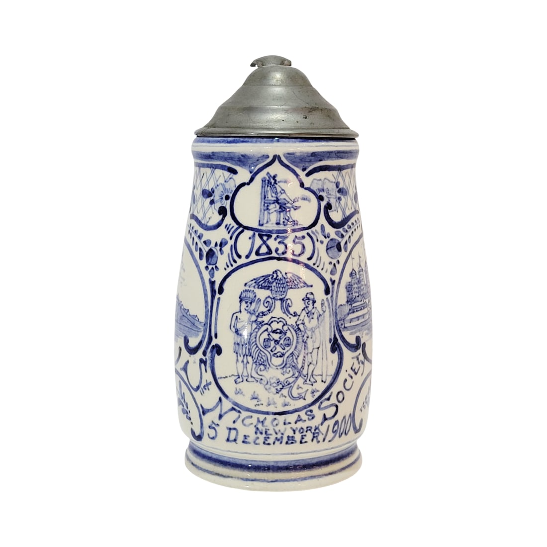 Holland Delft, Netherlands Beer Stein, St. Nicholas Society: 1/2 Liter pottery hand painted with pewter lid, circa 1900