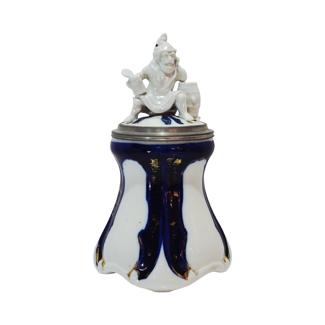 Porcelain Stein, German Beer Stein, Gnome Drinking: 1/2 Liter porcelain hand painted over glaze with gold gilding, porcelain figural inlay lid, circa 1890's