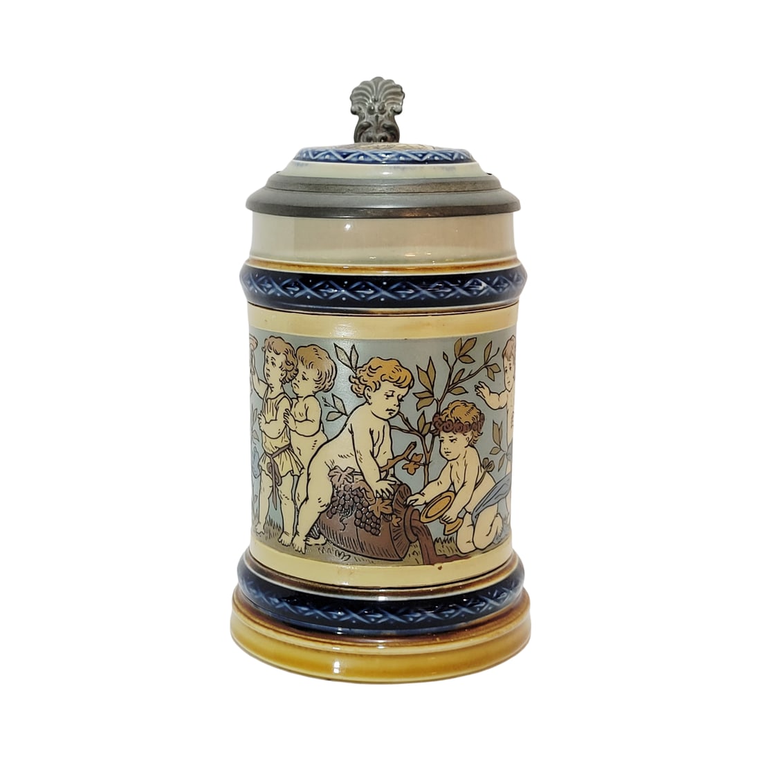 Villeroy & Boch Mettlach #2121, German Beer Stein, Cherubs Drinking Wine: 1/4 Liter pottery etched with pottery etched inlay lid, circa 1901