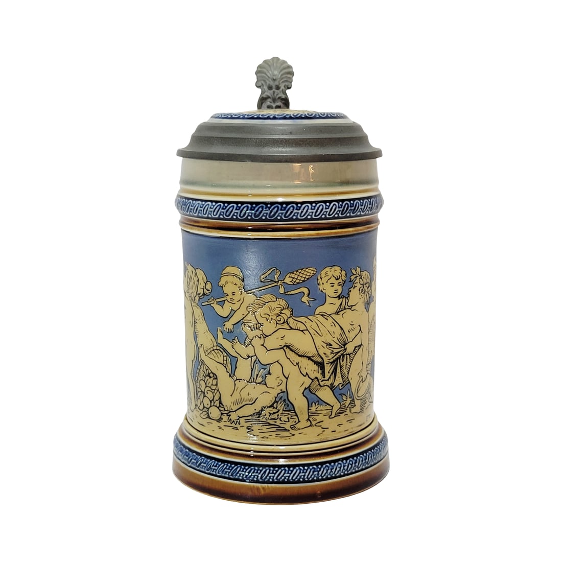 Villeroy & Boch Mettlach #2025, German Beer Stein, Cherubs Playing with Abandon: 3/10 Liter pottery etched with pottery etched inlay lid, circa 1898