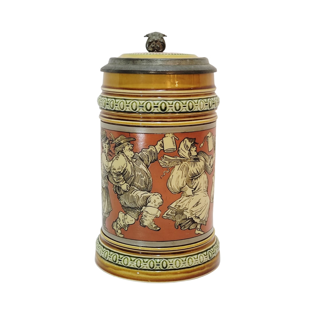 Villeroy & Boch Mettlach #2057, German Beer Stein, Peasants Dancing: 1/2 Liter pottery etched with pottery etched inlay lid, circa 1896