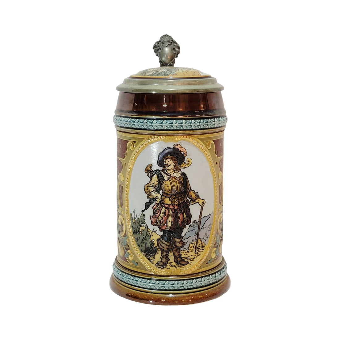 Villeroy & Boch Mettlach #1998, German Beer Stein, Trumpeter of Säckingen: 1/2 Liter pottery etched and relief with pottery etched inlay lid, very nice example for this stein, circa 1894