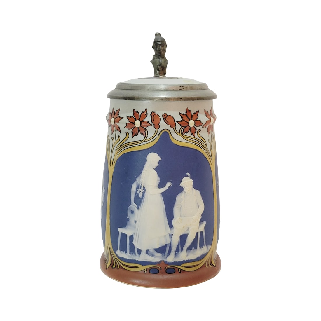 Villeroy & Boch Mettlach #2715, German Beer Stein, Music and Dance: 1/2 Liter pottery cameo etched with pottery etched inlay lid, circa 1900
