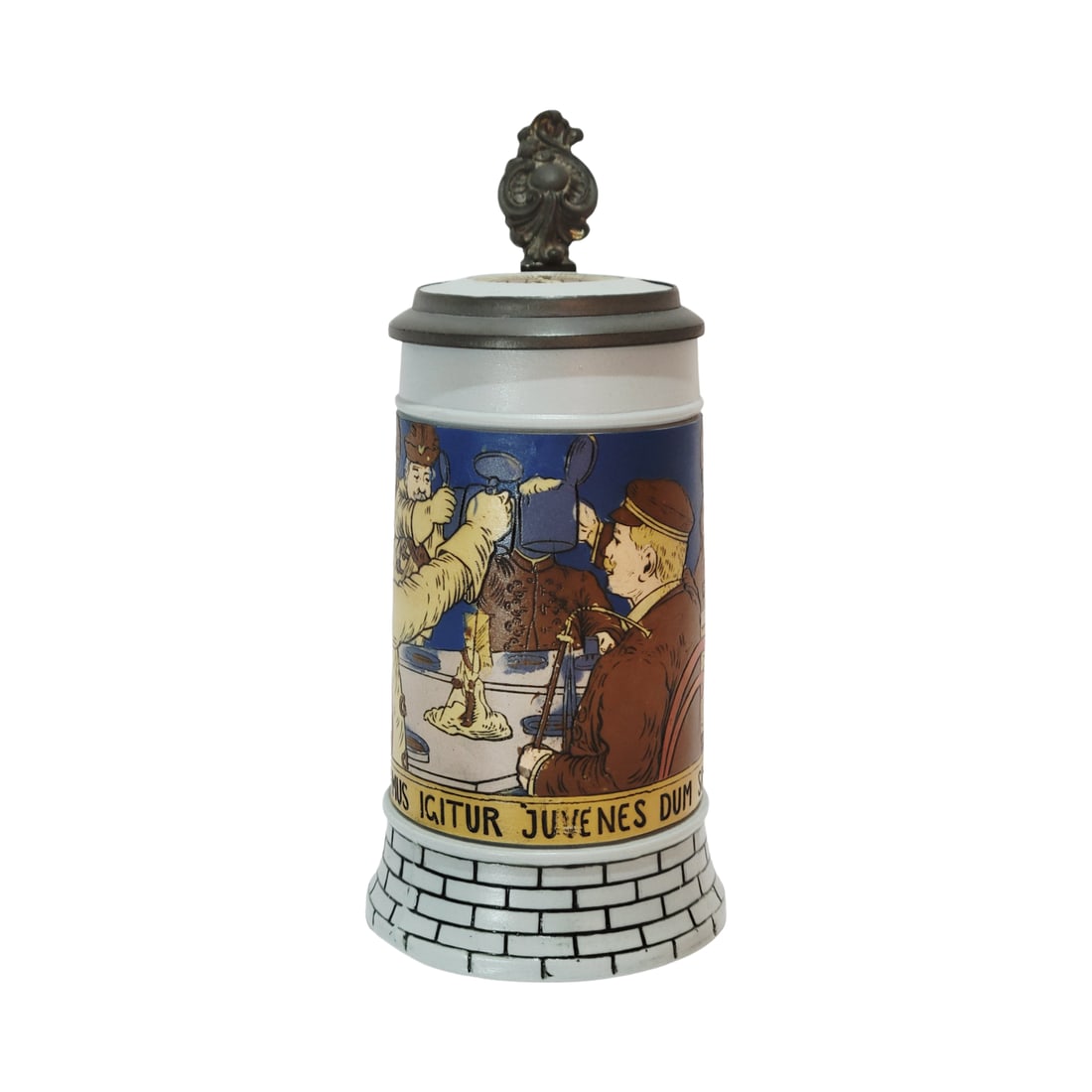 Villeroy & Boch Mettlach #2833F, German Beer Stein, Gaudeamus Igitur: 3/10 Liter stoneware etched with stoneware etched inlay lid, signed by MC, Text - Let us rejoice while we are young, circa 1904
