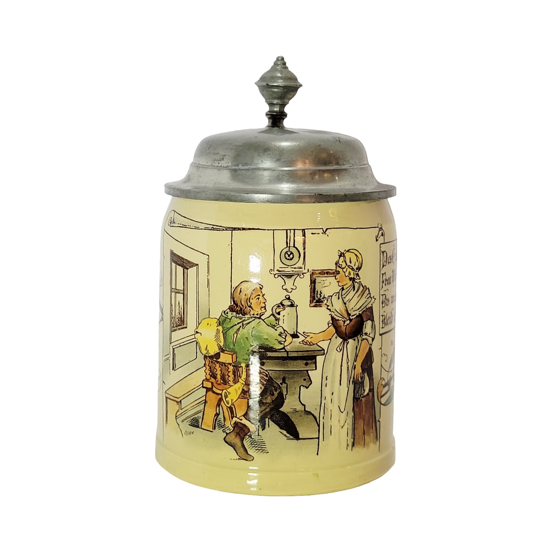 Villeroy & Boch Mettlach #1526/592, German Beer Stein, Credit at the Inn: 1/2 Liter pottery print under glaze with pewter lid, Text - The money is gone, the pockets empty, lady innkeeper have patience, until I come back one day, I remain in your debt, circa 1894