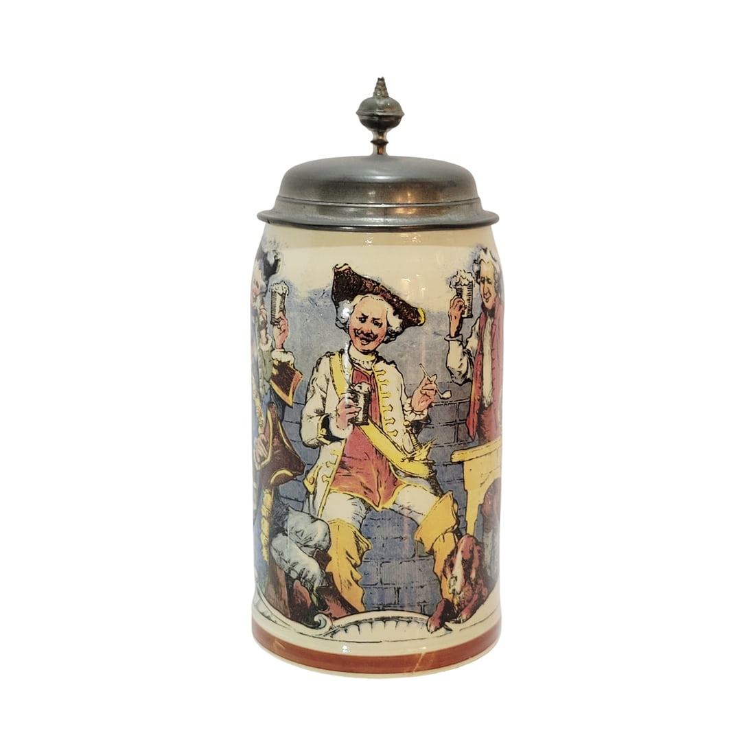 Villeroy & Boch Mettlach #1909/1143, German Beer Stein, Drinking Companions: 1/2 Liter pottery print under glaze with pewter lid, circa 1902