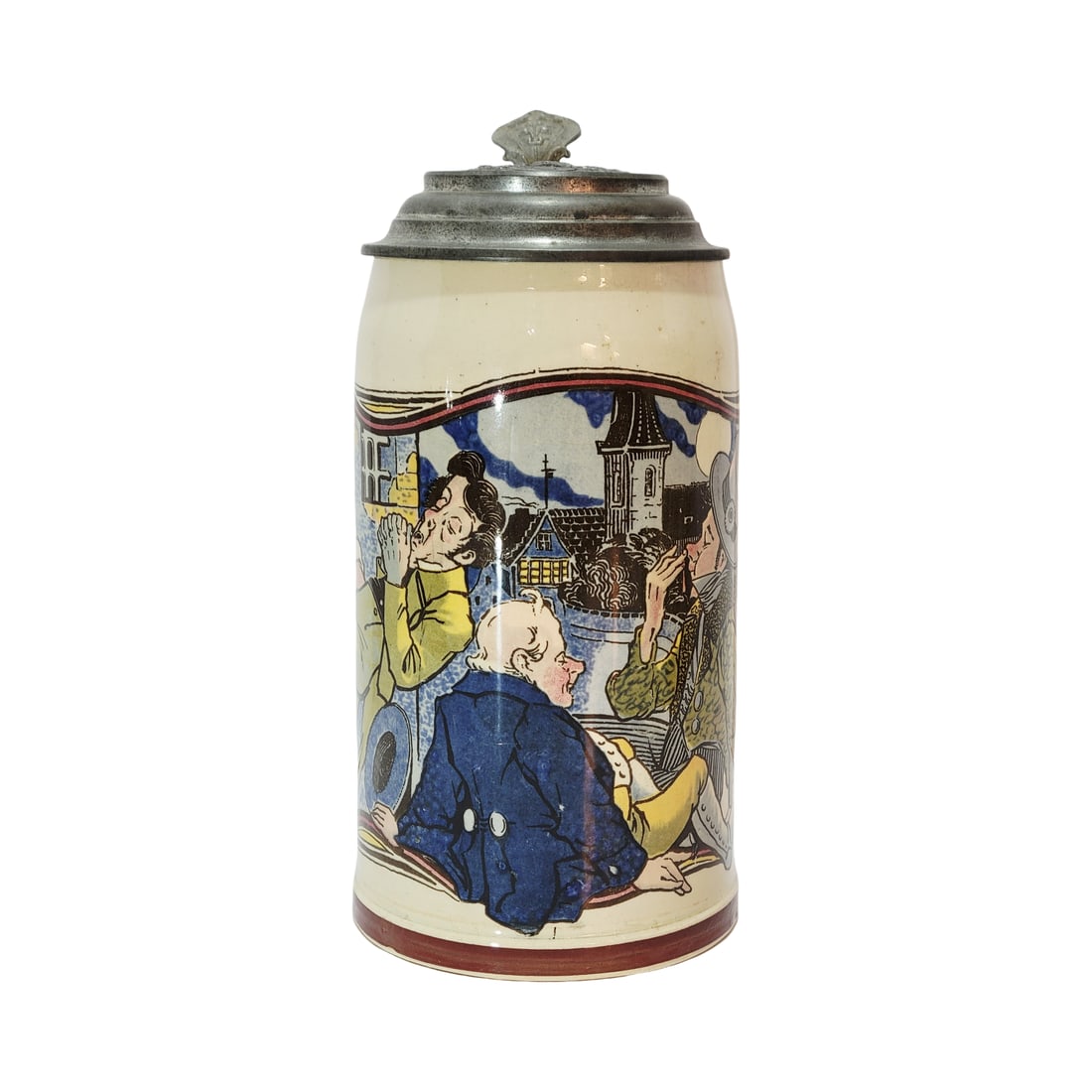Villeroy & Boch Mettlach #1909/1097, German Beer Stein, Midnight Scene at the Tavern: 1/2 Liter pottery print under glaze with pewter lid, uncommon stein, circa 1900
