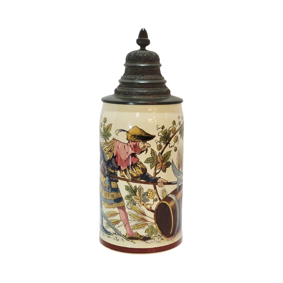 Villeroy & Boch Mettlach #1909/943, German Beer Stein, Knight Attacking a Tavern Owner: 1/2 Liter pottery print under glaze with great pewter lid, uncommon stein, circa 1894