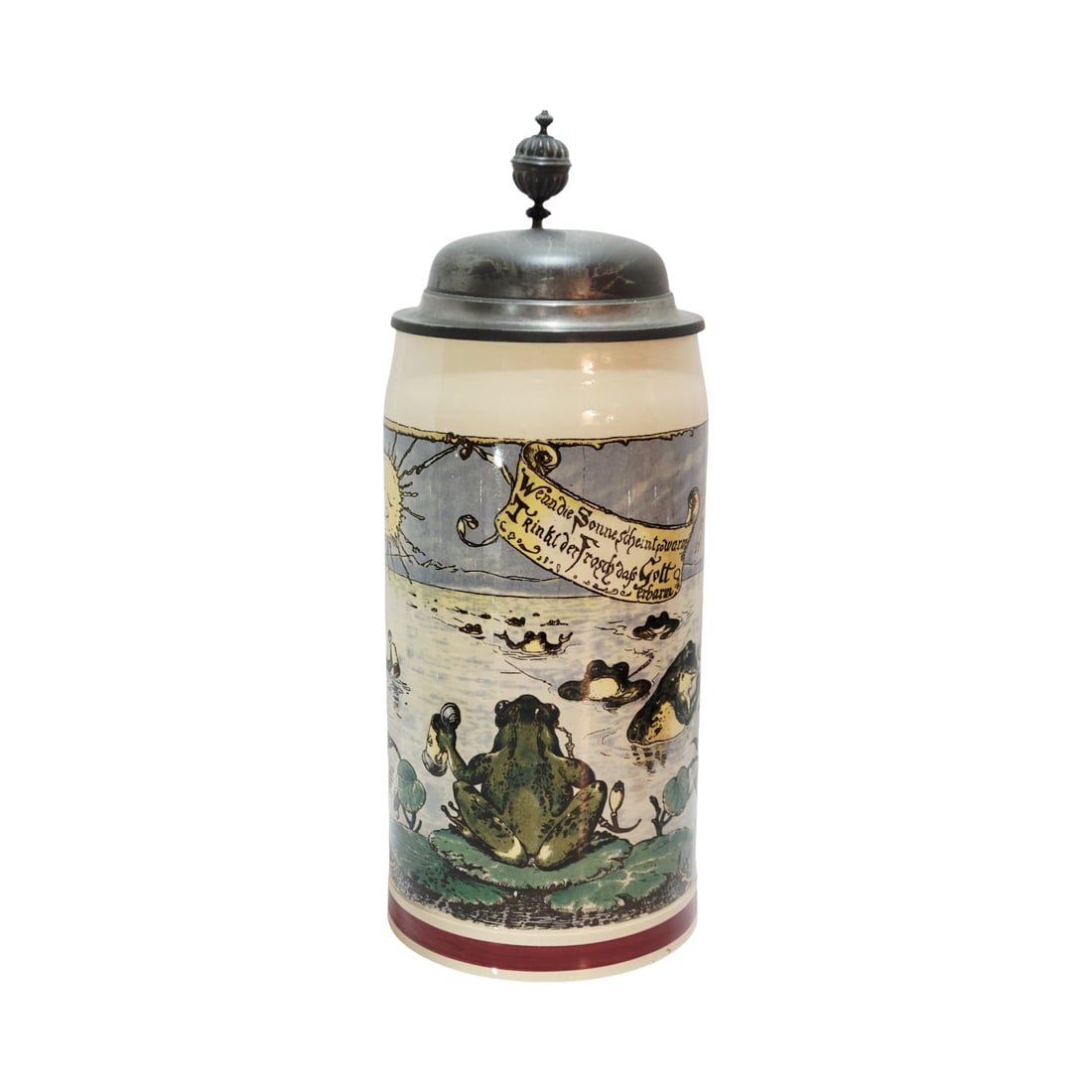 Villeroy & Boch Mettlach #1526/1038, German Beer Stein, Frog Inn at the Lake: 3.0 Liter pottery print under glaze with pewter lid, signed by Heinrich Schlitt, Text - When the sun shines so warm, the frog drinks too much, may God help him, circa 1899