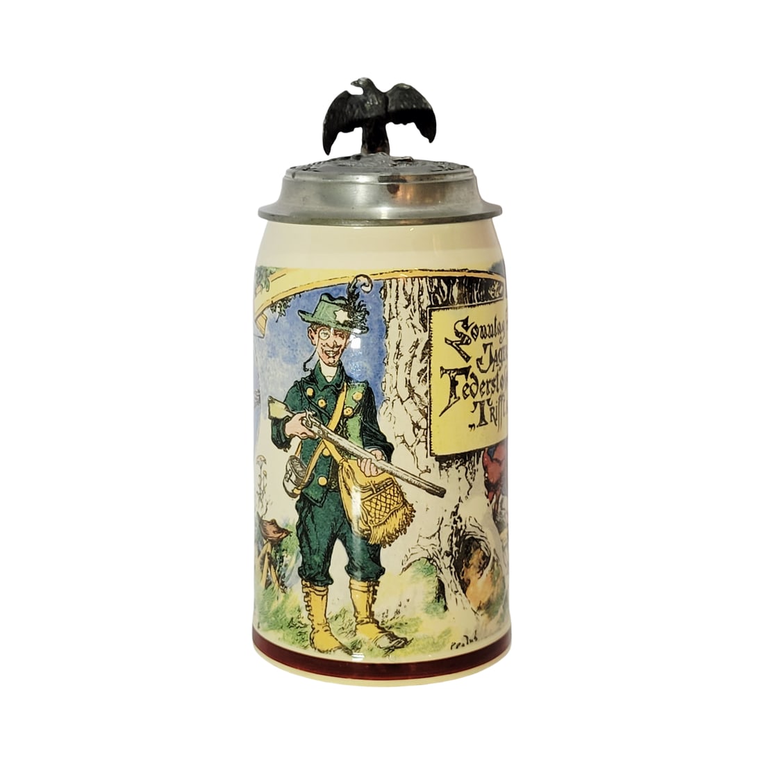 Villeroy & Boch Mettlach #1909/1043, German Beer Stein, Sunday Hunter with Saying: 1/2 Liter pottery print under glaze with pewter lid, signed by Heinrich Schlitt, Text - Sunday morning in the woods comes the hunter, but weapon’s thrust and rifle do not hit anything, circa 1899