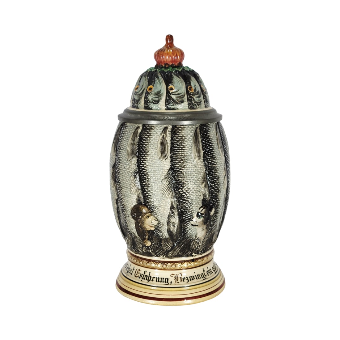Reinhold Merkelbach Stein #1152, German Character Beer Stein, The Herring Stein: 1/2 Liter pottery character stein with engraved pottery figural lid, Text - The biggest tomcat experience teaches, is defeated by a good sour Herring, circa early 1900