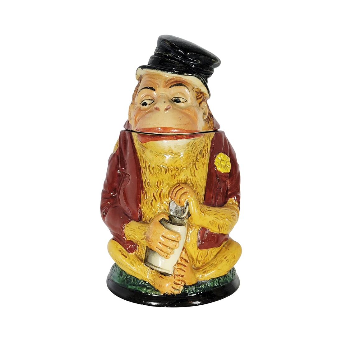 Reinhold Hanke Stein #1442, German Character Beer Stein, Monkey Holding Stein: 1/2 Liter pottery character stein with pottery figural lid, circa early 1900