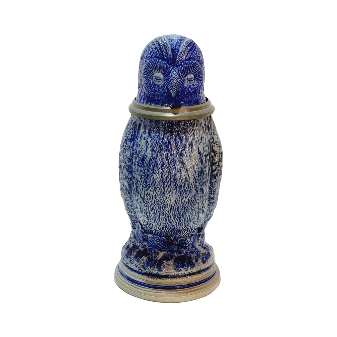 Reinhold Hanke Stein #539, German Character Beer Stein, Owl: 1/2 Liter stoneware blue salt glaze character stein with stoneware figural lid, circa late 1890's