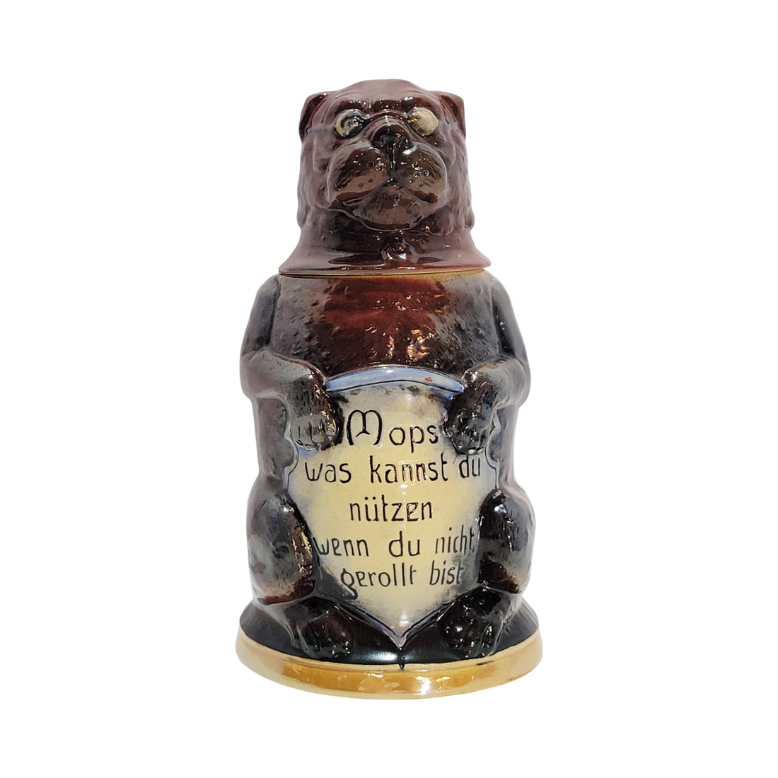 Matthias Girmscheid Stein #101, German Character Beer Stein, Dog: 1/2 Liter pottery with pottery figural lid, Text - Mops, of what good are you if you have not been rolled, circa 1960's