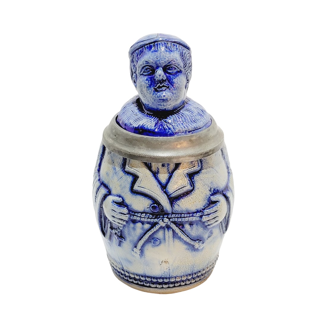 Reinhold Hanke Stein, German Character Beer Stein, The Monk: 1/2 Liter stoneware blue salt glaze with stoneware figural lid, circa 1880's