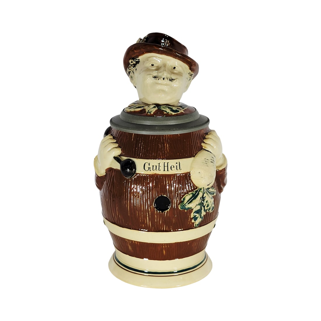 Jakob Reinemann Stein, German Character Beer Stein, German 4F Man: 1/2 Pottery with pottery figural lid, circa early 1900