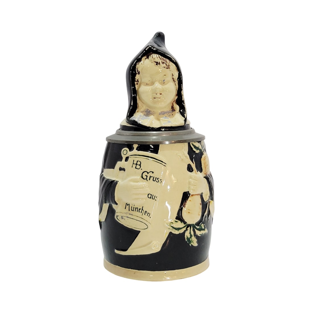 German Stein #117, German Character Beer Stein, Munich Child Stein: 1/2 Liter pottery with pottery figural lid, circa late 1880's